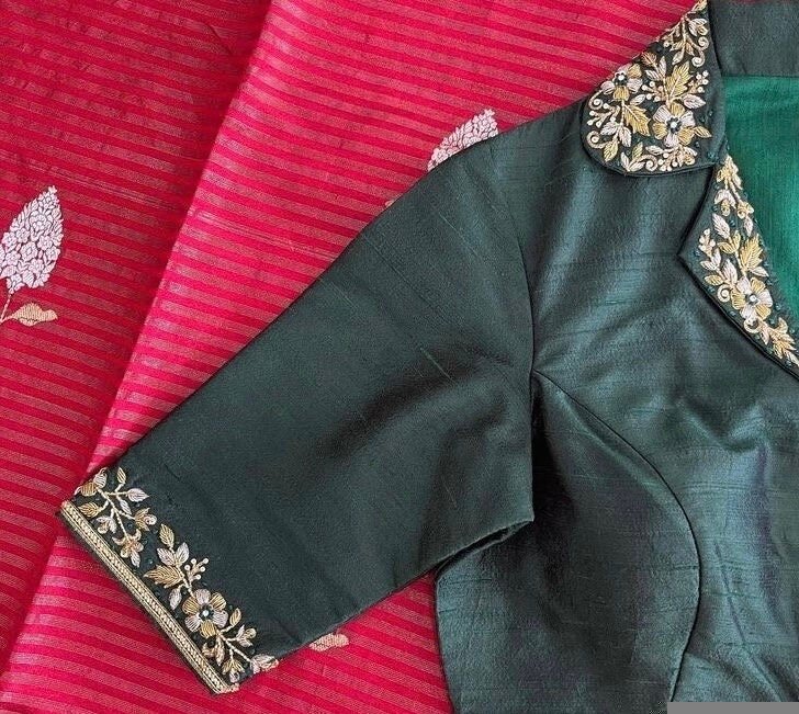 pure silk hand embroidery blouse/coat collar green maggam blouse/collar zardosi blouse/hand embroidered blouse/ready made blouse zardosi
