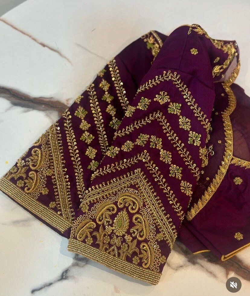 pure silk hand embroidery blouse/modern saree maggam blouse/purple zardosi blouse/wedding hand embroidered blouse/bridal ready made blouse