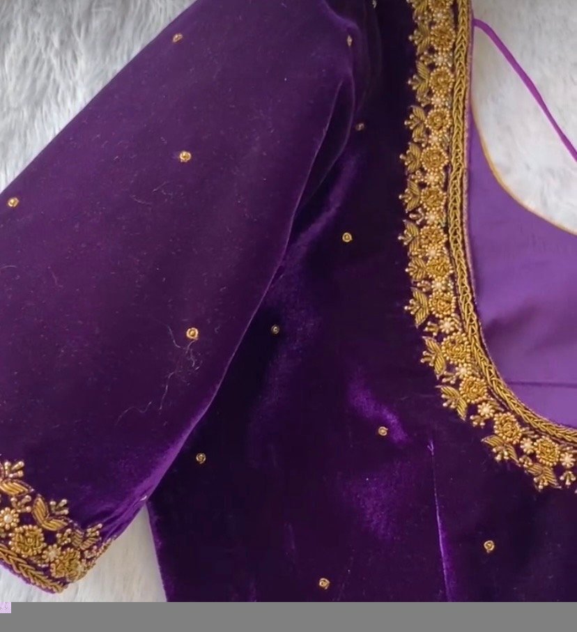 pure velvet hand embroidery blouse /modern saree maggam blouse/purple zardosi blouse / hand embroidered blouse/purple ready made blouse