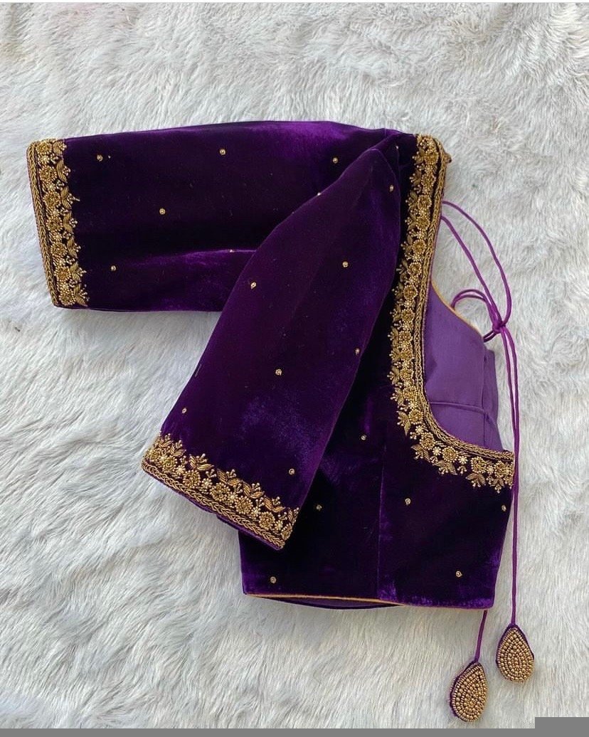 pure velvet hand embroidery blouse /modern saree maggam blouse/purple zardosi blouse / hand embroidered blouse/purple ready made blouse