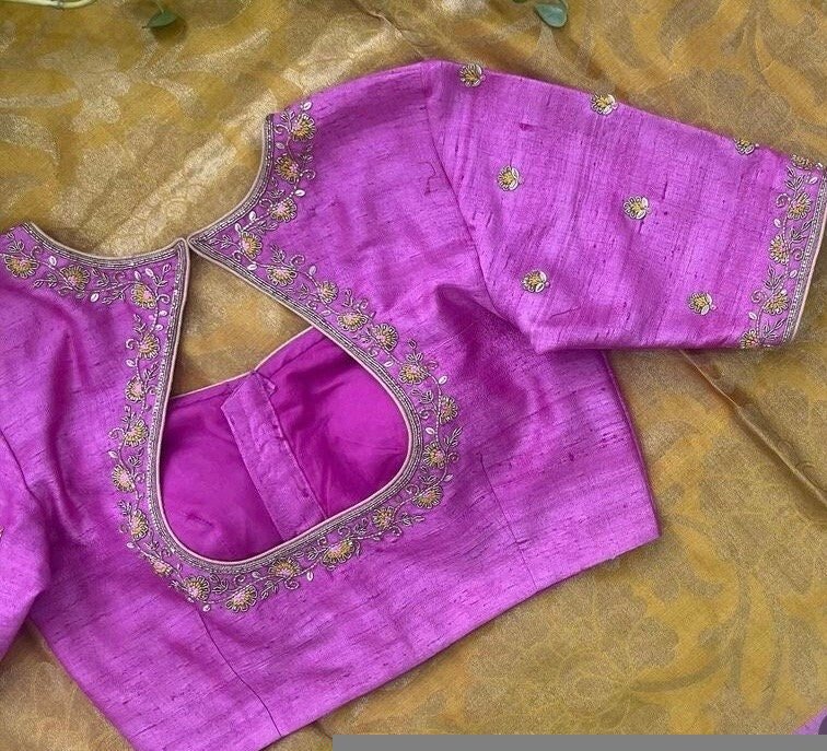 pure silk hand embroidery blouse/light pink maggam blouse/pink hand embroidered blouse/pink ready made blouse zardosi/pink lavender blouse