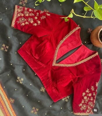 pure velvet red hand embroidery blouse /modern saree maggam blouse/red zardosi blouse/hand embroidered blouse/red velvet ready made blouse