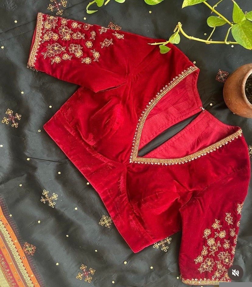 pure velvet red hand embroidery blouse /modern saree maggam blouse/red zardosi blouse/hand embroidered blouse/red velvet ready made blouse