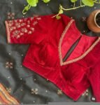 pure velvet red hand embroidery blouse /modern saree maggam blouse/red zardosi blouse/hand embroidered blouse/red velvet ready made blouse