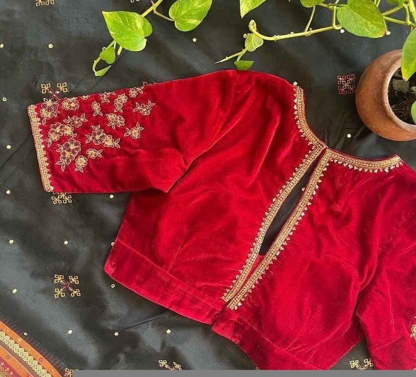 pure velvet red hand embroidery blouse /modern saree maggam blouse/red zardosi blouse/hand embroidered blouse/red velvet ready made blouse