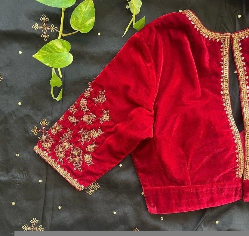 pure velvet red hand embroidery blouse /modern saree maggam blouse/red zardosi blouse/hand embroidered blouse/red velvet ready made blouse