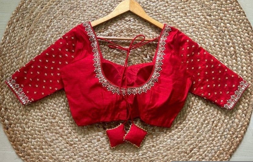 pure silk red hand embroidery blouse /saree maggam blouse / raw silk zardosi blouse /red hand embroidered blouse / ready made blouse zardosi