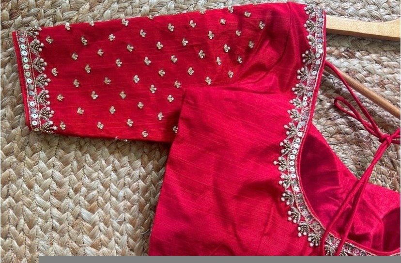 pure silk red hand embroidery blouse /saree maggam blouse / raw silk zardosi blouse /red hand embroidered blouse / ready made blouse zardosi