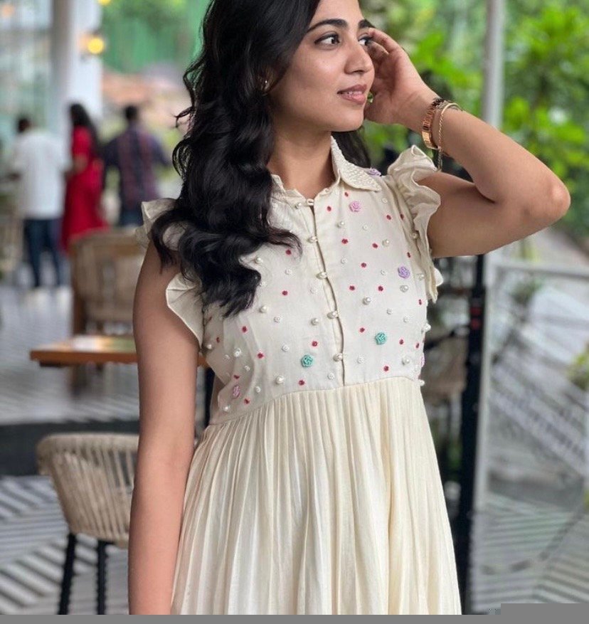 Hand embroidered Anarkali dress/white anarkali dress/cream hand work sunmer dress USA/Indowestern dresses/cream embroidered maxi vacay Dress