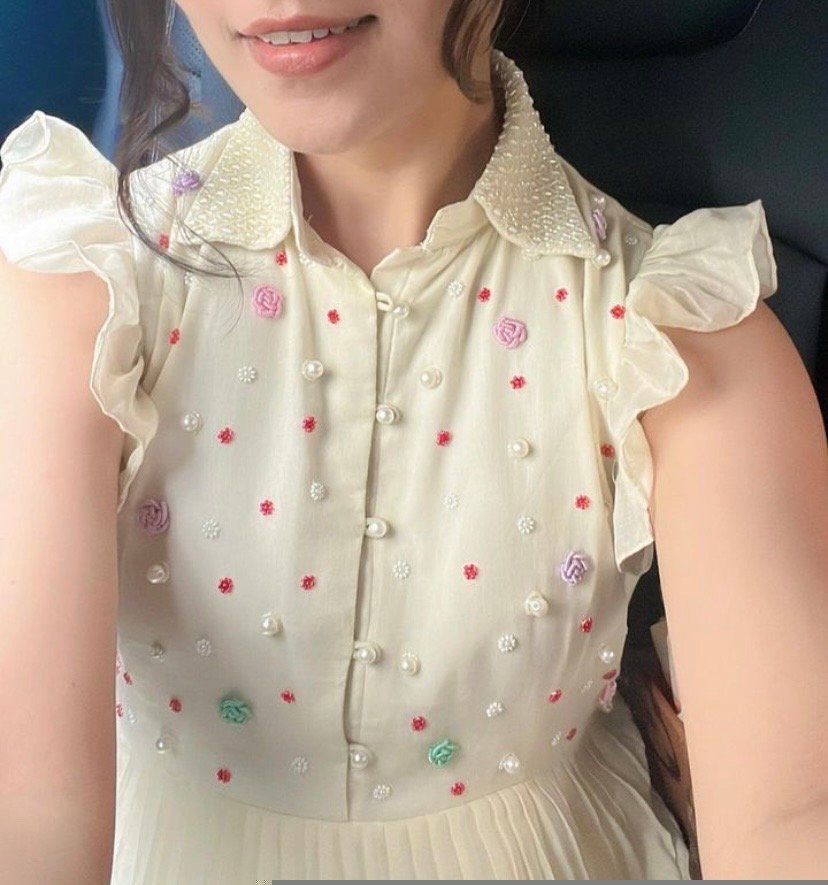 Hand embroidered Anarkali dress/white anarkali dress/cream hand work sunmer dress USA/Indowestern dresses/cream embroidered maxi vacay Dress