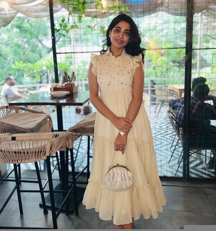 Hand embroidered Anarkali dress/white anarkali dress/cream hand work sunmer dress USA/Indowestern dresses/cream embroidered maxi vacay Dress