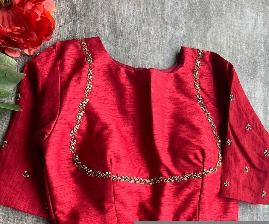 pure silk hand embroidery blouse/saree maggam blouse/red zardosi blouse/red hand embroidered moderblouse/red ready made blouse zardosi usa