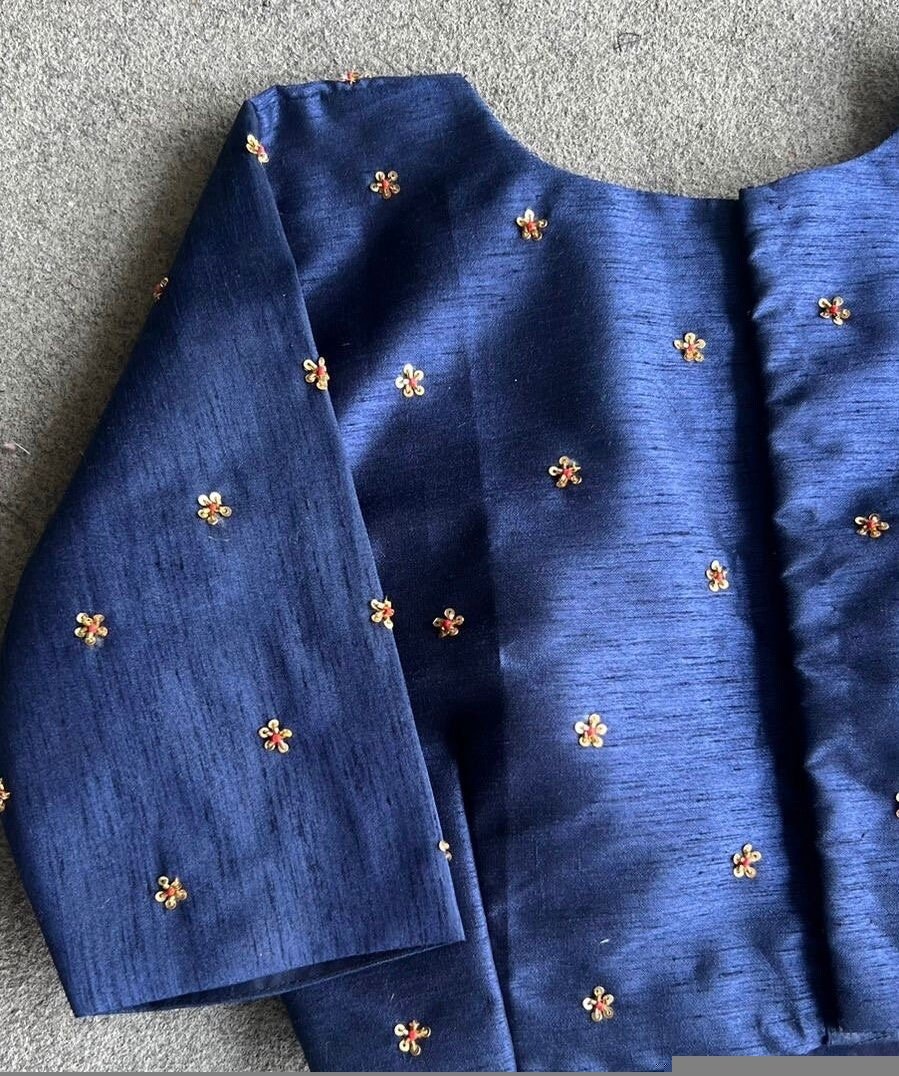pure silk hand embroidery blouse/saree maggam blouse/zardosi blouse/navy blue hand embroidered moderblouse/blue ready made blouse zardosi