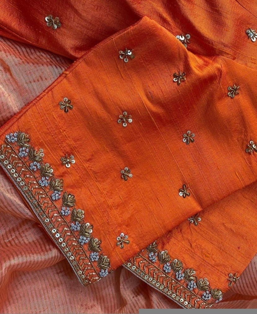 pure silk hand embroidery blouse/orange saree maggam blouse/raw silk zardosi blouse/hand embroidered blouse/ready made blouse/orange blouse