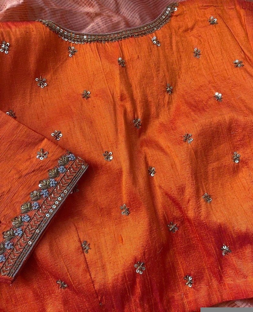 pure silk hand embroidery blouse/orange saree maggam blouse/raw silk zardosi blouse/hand embroidered blouse/ready made blouse/orange blouse