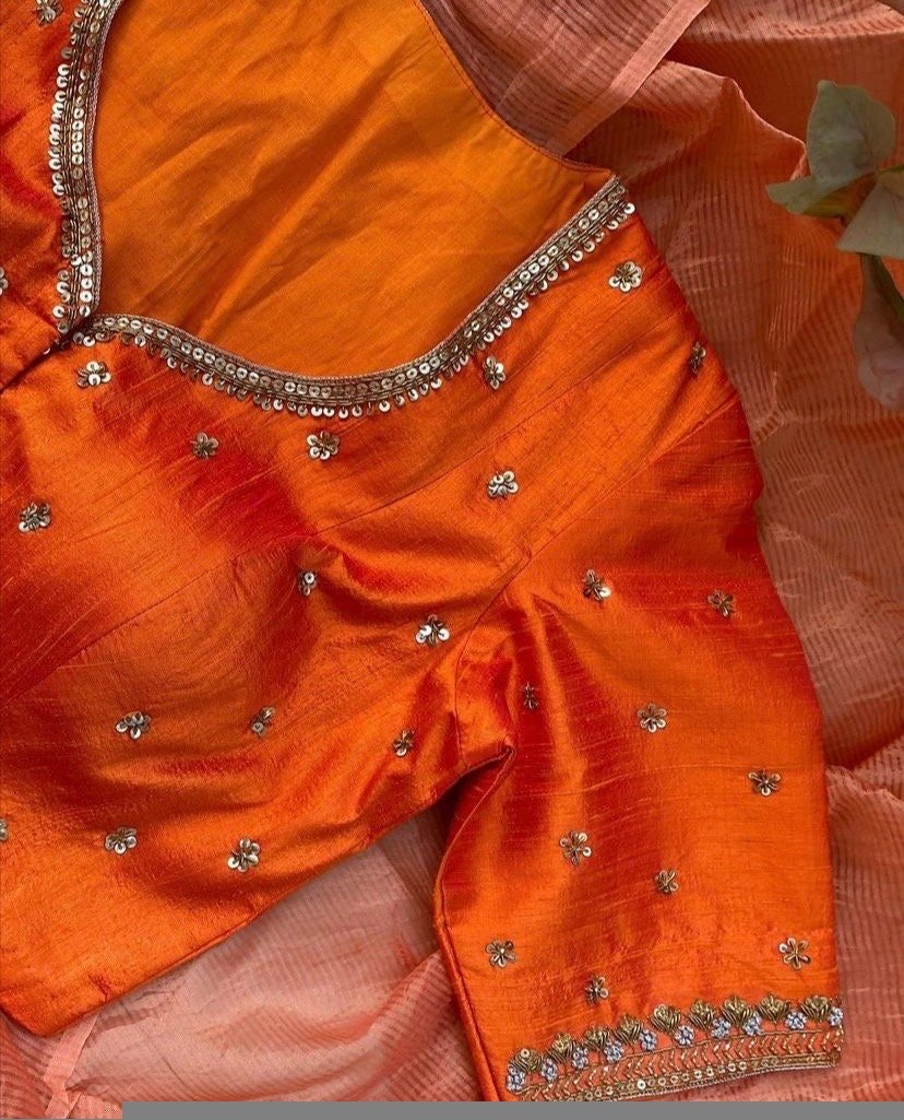 pure silk hand embroidery blouse/orange saree maggam blouse/raw silk zardosi blouse/hand embroidered blouse/ready made blouse/orange blouse