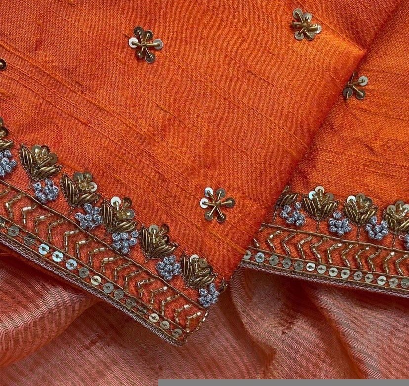 pure silk hand embroidery blouse/orange saree maggam blouse/raw silk zardosi blouse/hand embroidered blouse/ready made blouse/orange blouse