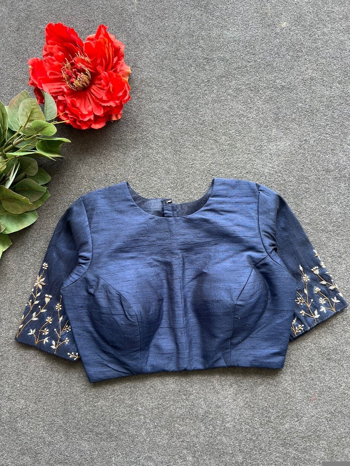 pure silk hand embroidery blouse/saree maggam blouse/zardosi blouse/navy blue hand embroidered moderblouse/blue ready made blouse zardosi