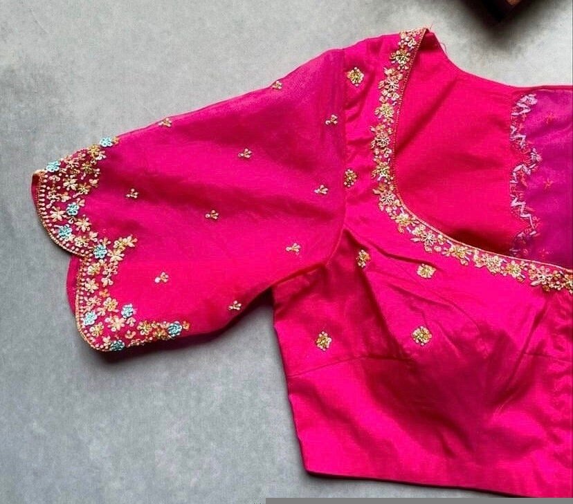 pure silk hand embroidery blouse/pink maggam blouse/silk zardosi blouse/hand embroidered blouse/pink ready made blouse zardosi/pink blouse