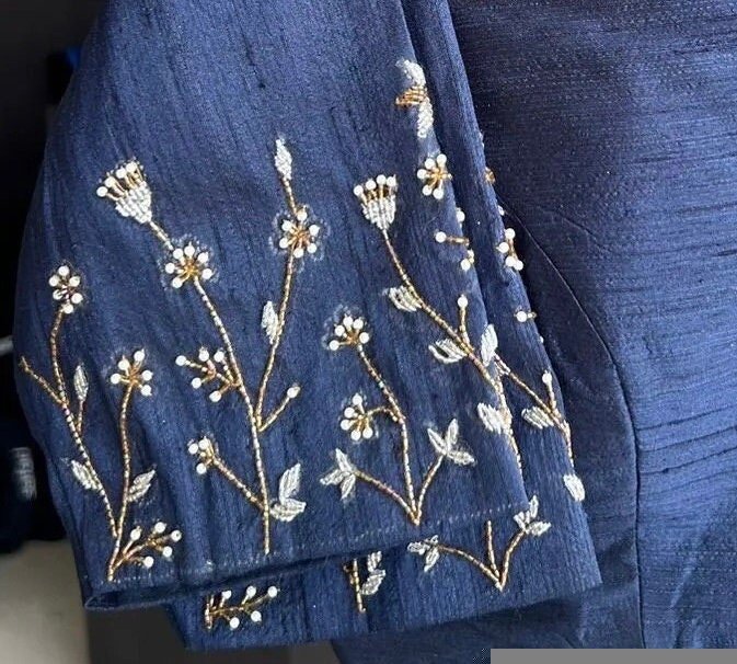 pure silk hand embroidery blouse/saree maggam blouse/zardosi blouse/navy blue hand embroidered moderblouse/blue ready made blouse zardosi