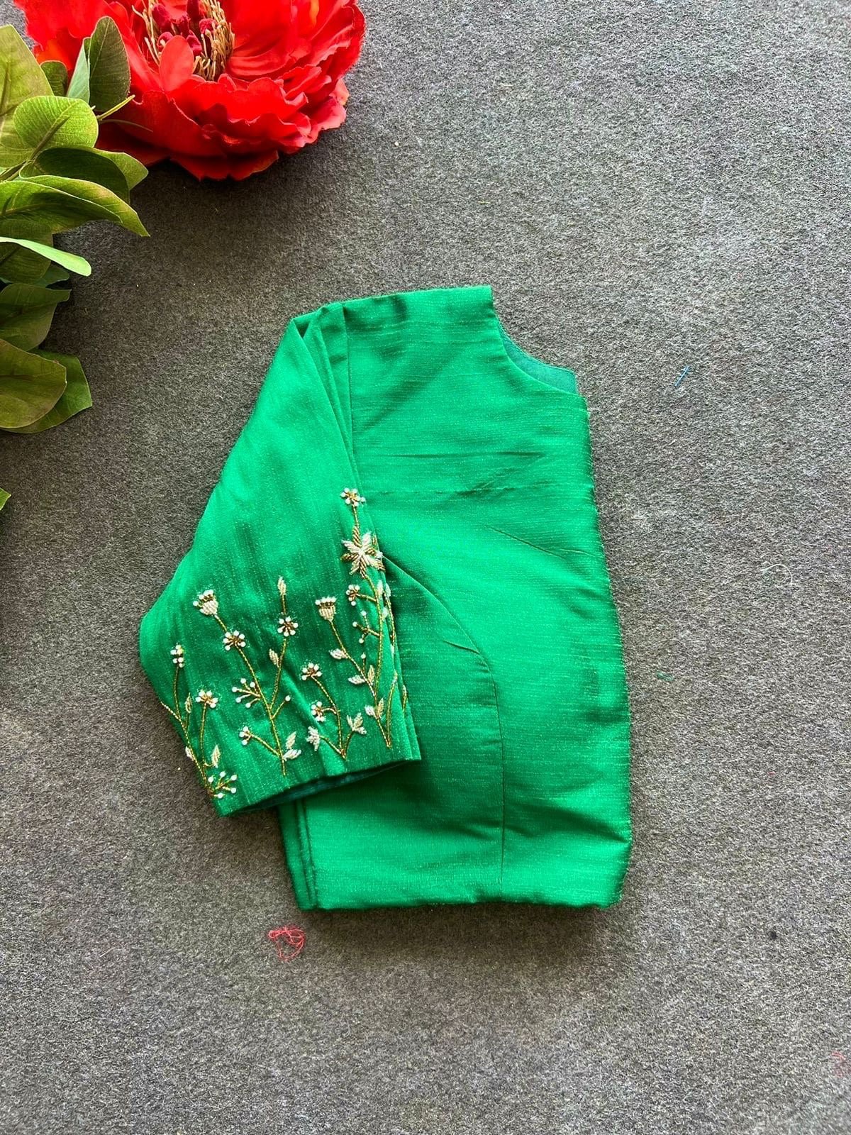 pure silk hand embroidery blouse/saree maggam blouse/green zardosi blouse/green embroidered moderblouse/green ready made high neck blouse