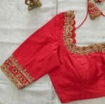 Hand Embroidered Zardosi Blouse: Red Raw Silk Saree Blouse