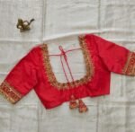 Hand Embroidered Zardosi Blouse: Red Raw Silk Saree Blouse