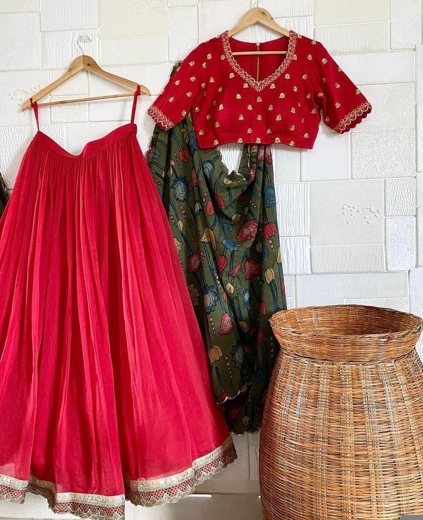 Red Kalamkari Lehenga Set: Hand-Painted Silk Crop Top, Wedding Choli