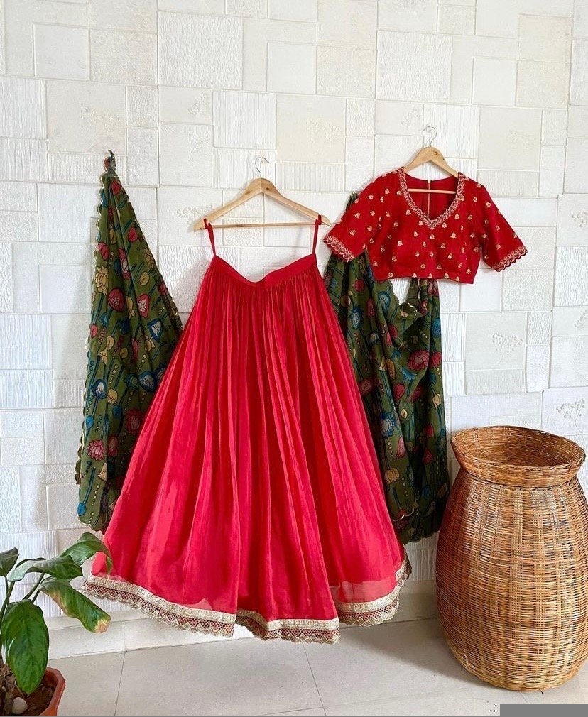 Red Kalamkari Lehenga Set: Hand-Painted Silk Crop Top, Wedding Choli