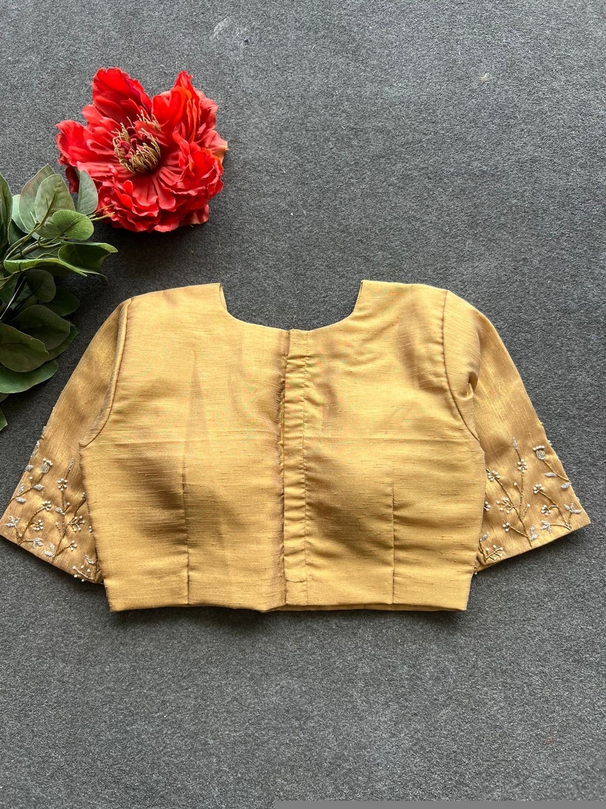 Hand Embroidered Silk Saree Blouse: Beige Zardosi Maggam Blouse