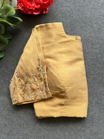 Hand Embroidered Silk Saree Blouse: Beige Zardosi Maggam Blouse