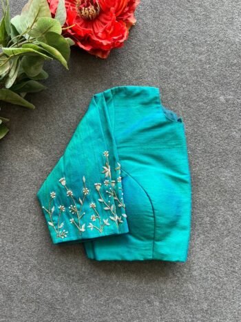 pure silk hand embroidery blouse/green saree maggam blouse/sea green zardosi blouse/blue embroidered moderblouse/ready made high neck blouse