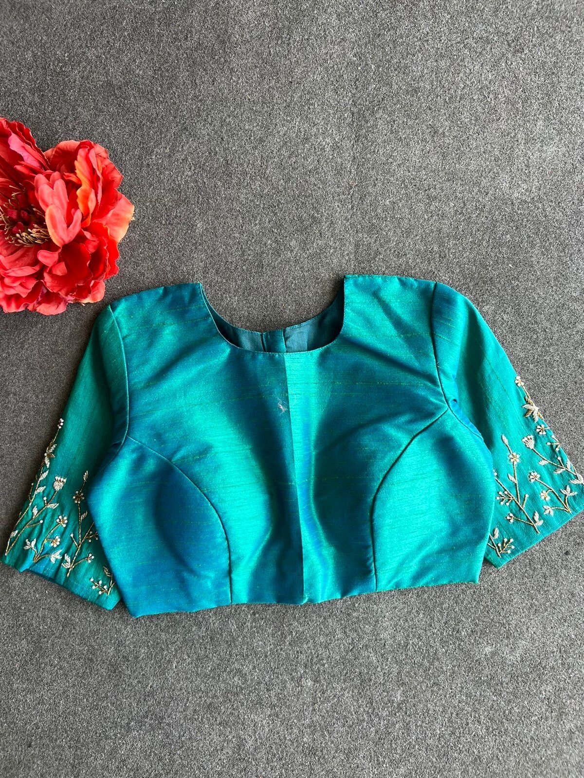 pure silk hand embroidery blouse/green saree maggam blouse/sea green zardosi blouse/blue embroidered moderblouse/ready made high neck blouse