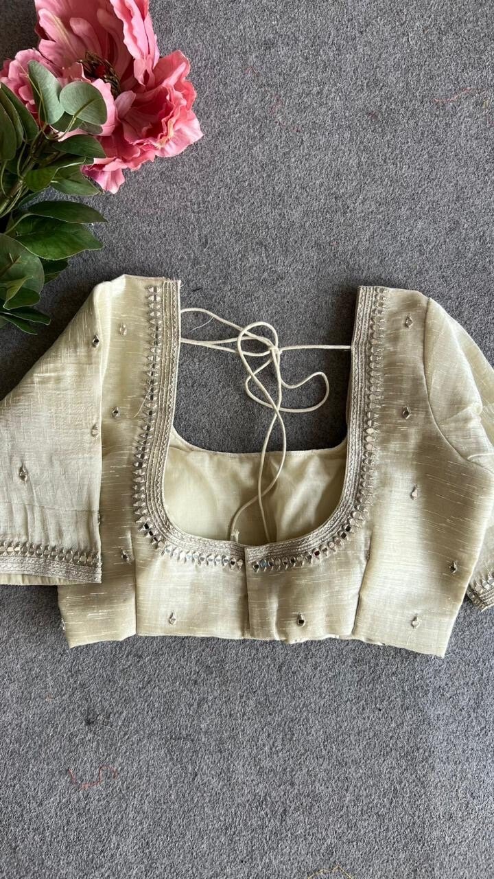 pure silk hand embroidery blouse/beige mirror hand made blouse/pure raw silk zardosi blouse/hand embroidered blouse/cream mirror work blouse