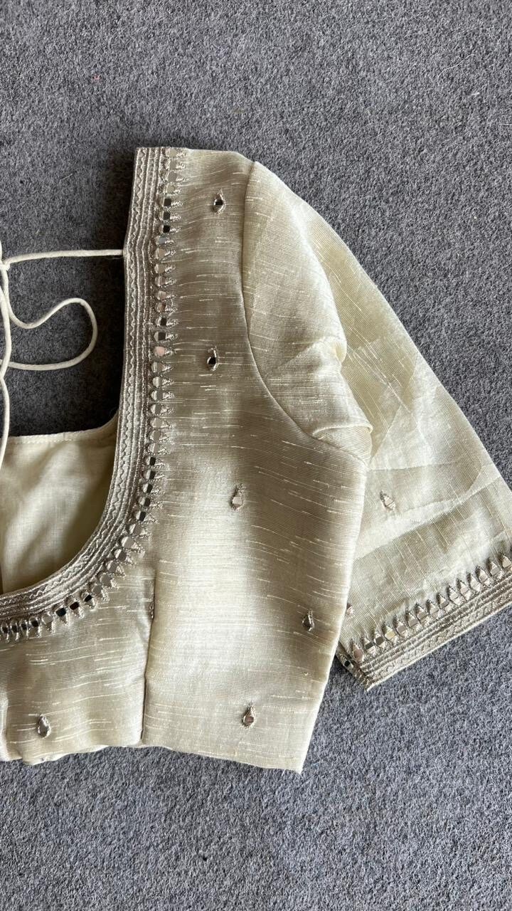 pure silk hand embroidery blouse/beige mirror hand made blouse/pure raw silk zardosi blouse/hand embroidered blouse/cream mirror work blouse