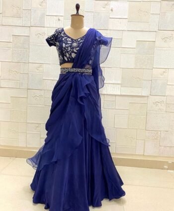 Ruffle saree with blouse/blue ruffle saree with stitched blouse/readymade saree belt with blouse/silk ruffle saree/saree with belt/belt sari