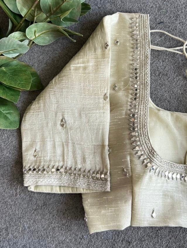 pure silk hand embroidery blouse/beige mirror hand made blouse/pure raw silk zardosi blouse/hand embroidered blouse/cream mirror work blouse