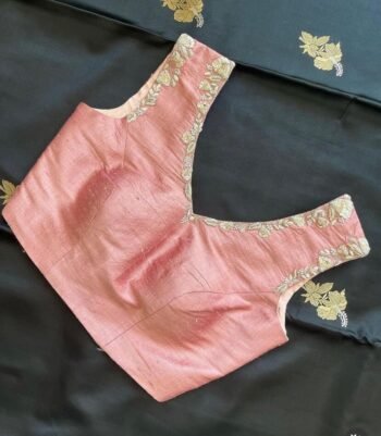 Hand Embroidered Silk Saree Blouse: Peach Zardosi Maggam Work