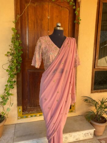 Onion pink embroidered saree/heavy embroidery tissue blouse |sequin saree/georgette party saree blouse |sarees |modern saree hand work