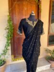 Black Georgette Saree: Hand Embroidered Buti, Zardosi Silk Blouse