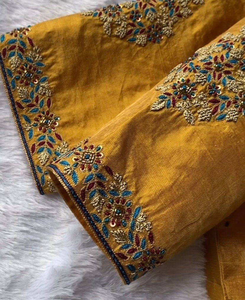 pure silk hand embroidery blouse/mustard yellow maggam blouse/yellow blouse/hand embroidered blouse/ready made blouse/multi color blouse usa