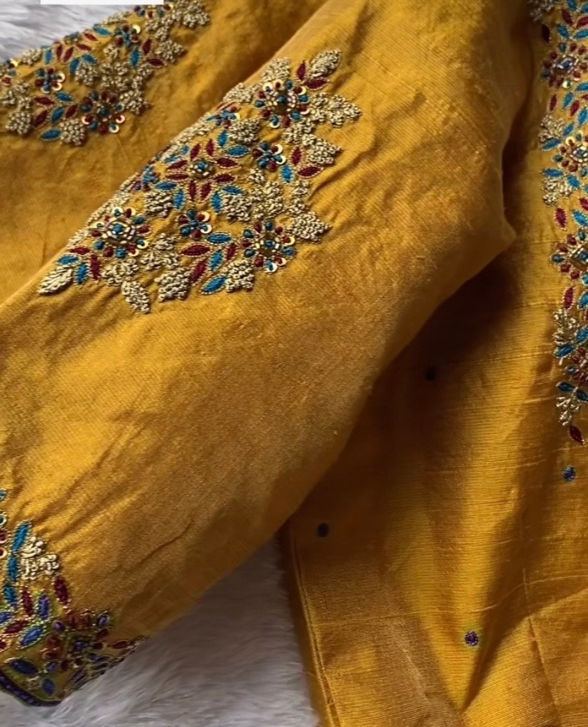 pure silk hand embroidery blouse/mustard yellow maggam blouse/yellow blouse/hand embroidered blouse/ready made blouse/multi color blouse usa