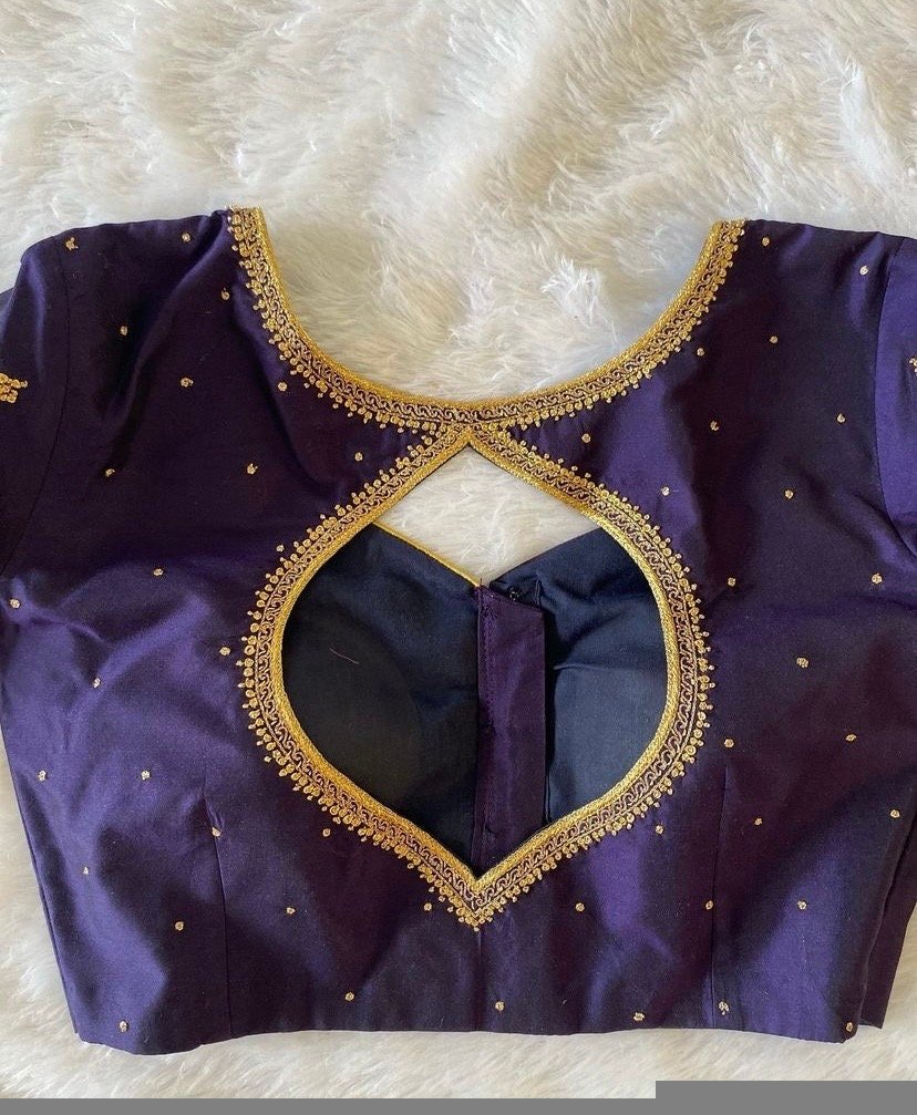 Navy blue silk hand embroidery blouse/blue saree maggam work blouse/blue saree blouse/hand embroidered blouse/blue ready made blouse zardosi