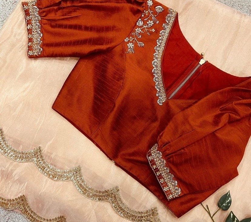 Peach tissue silk saree with hand embroidered blouse/peach saree with orange hand work blouse|sarees USA |pure silk saree/maggam work blous