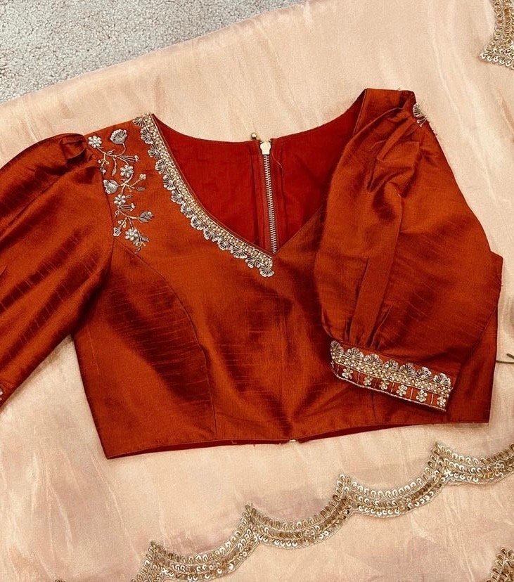 Peach tissue silk saree with hand embroidered blouse/peach saree with orange hand work blouse|sarees USA |pure silk saree/maggam work blous