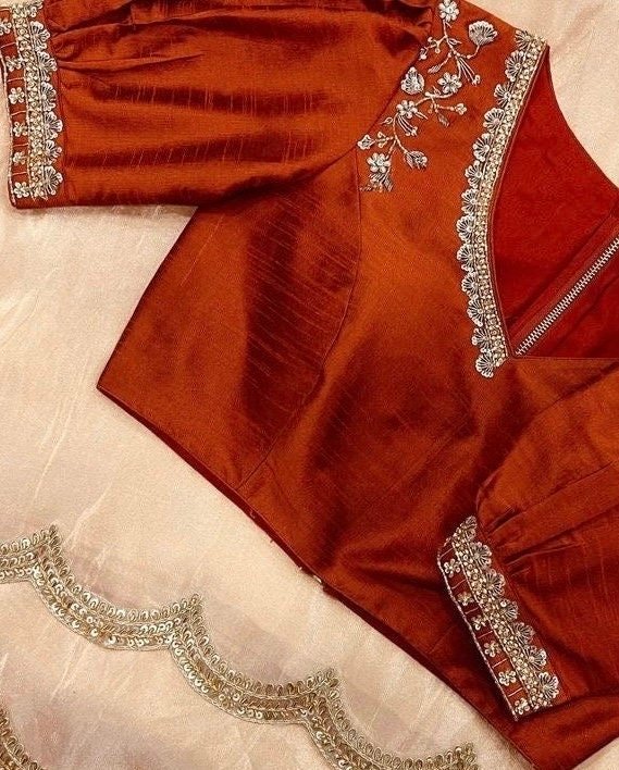 Peach tissue silk saree with hand embroidered blouse/peach saree with orange hand work blouse|sarees USA |pure silk saree/maggam work blous