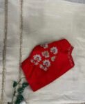 Cream Tissue Silk Saree: Red Hand-Embroidered Maggam Blouse