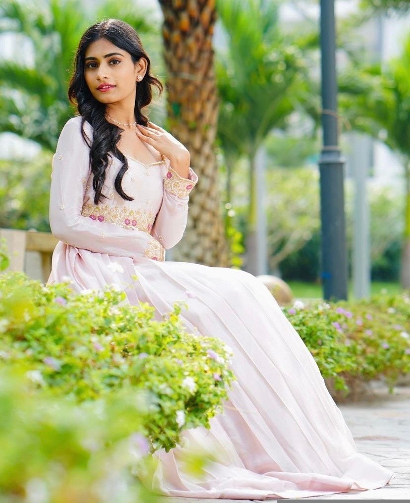 Peach Anarkali suit usa/hand embroidery anarkali kurta/light pink anarkali dress/elbow sleeves dress anarkali/Indian dresses/pink anarkali