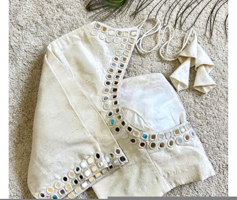 pure silk hand embroidery blouse/beige mirror hand made blouse/pure raw silk zardosi blouse/hand embroidered blouse/cream mirror work blouse