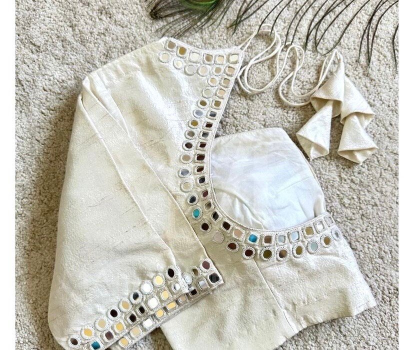 pure silk hand embroidery blouse/beige mirror hand made blouse/pure raw silk zardosi blouse/hand embroidered blouse/cream mirror work blouse